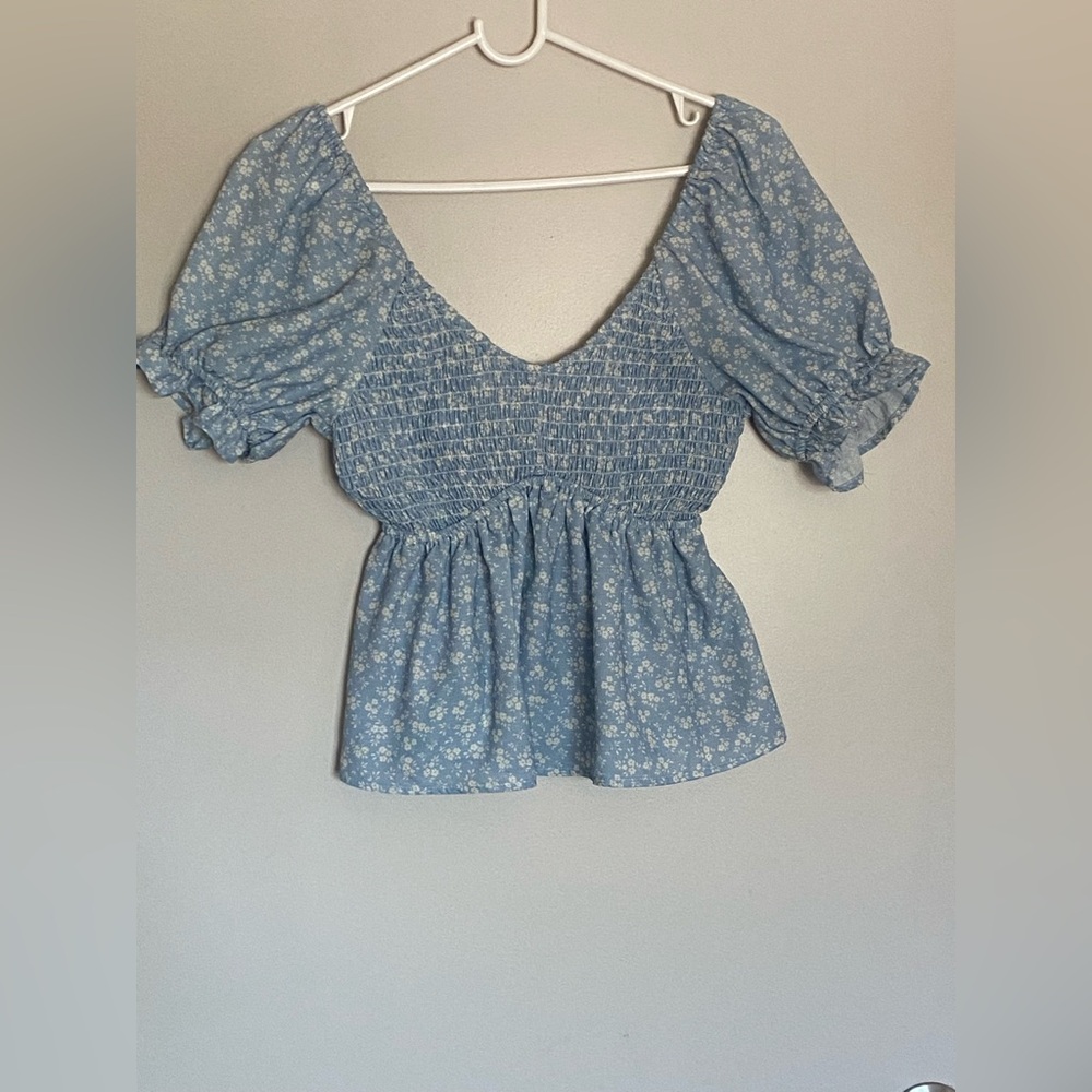 RSQ Blue Floral Smocked Blouse